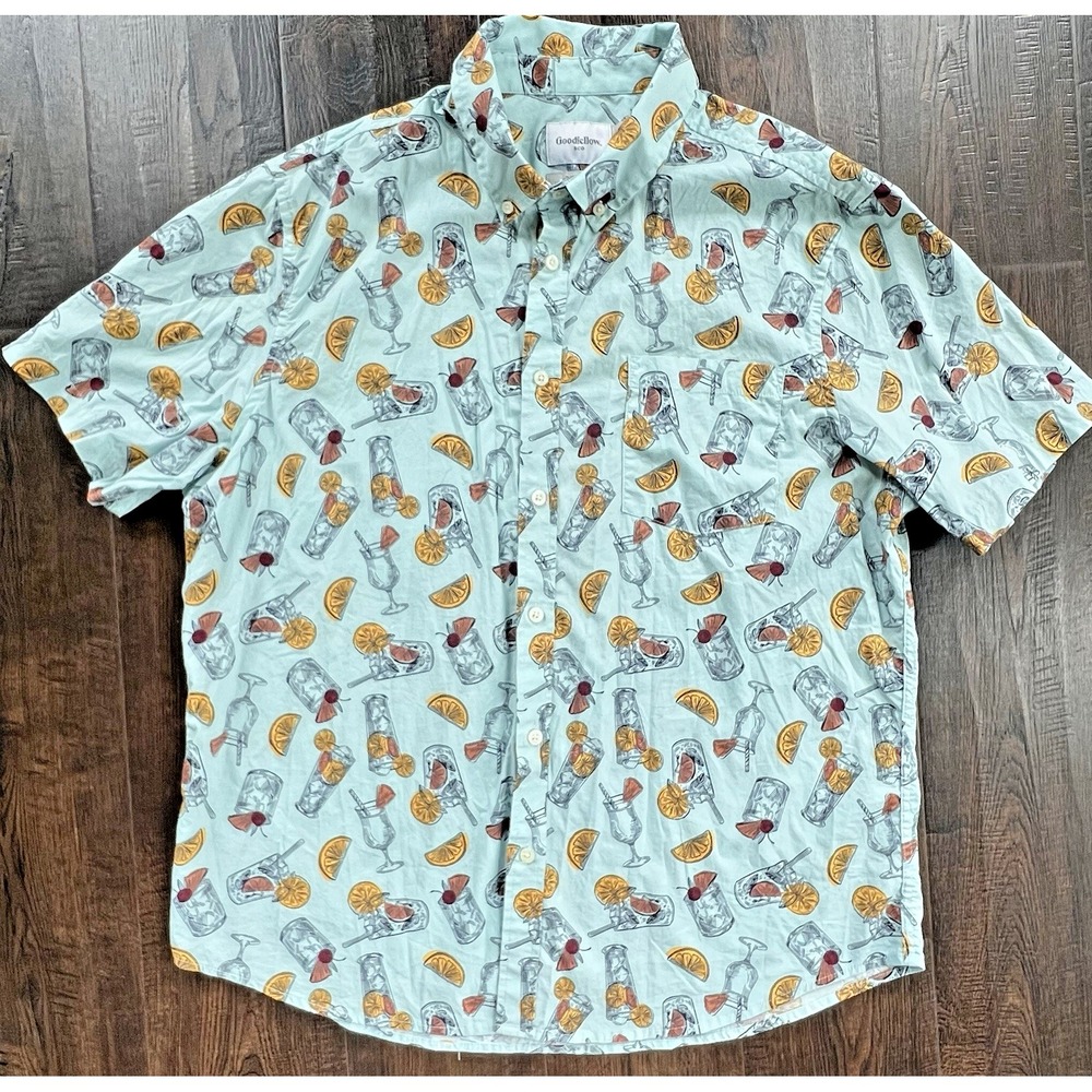Goodfellow Mens Cocktail Print Button Down Shirt XL Slim Fit Short Sleeve Camp
